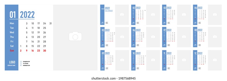 Desktop Monthly Photo Calendar 2022. Simple monthly horizontal photo calendar Layout for 2022 year in English. Cover Calendar Template and 12 monthes templates. Week starts from Monday. Vector 