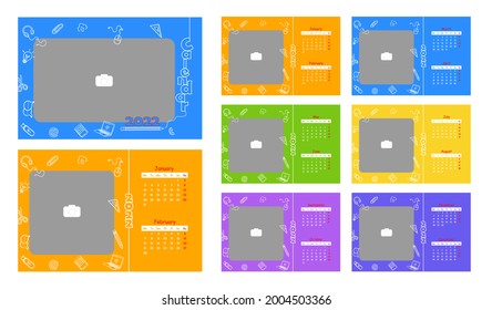 Desktop Monthly Photo Calendar 2022. Simple Children, Baby, School Bi Monthly Horizontal Photo Calendar Layout For 2022 Year In English. Cover  And 12 Months Templates. Week Starts From Monday. Vector