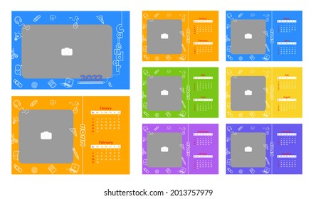 Desktop Monthly Photo Calendar 2022. Simple children, baby, school bi monthly horizontal photo calendar Layout for 2022 year in English. Cover, 12 months templates. Week starts from Sunday. Vector