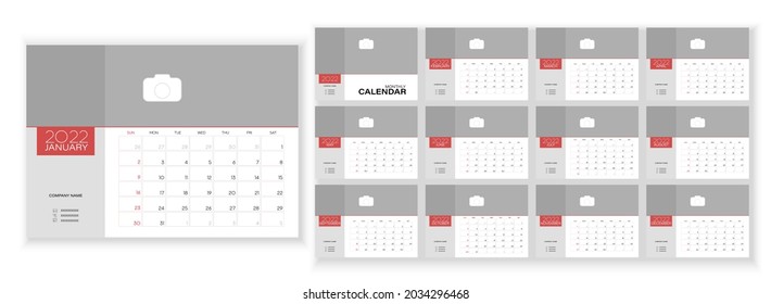 Desktop Monthly Photo Calendar 2022. Simple monthly horizontal photo calendar Layout for 2022 year in English. Cover Calendar and 12 monthes templates. Week starts from Sunday. Vector illustration