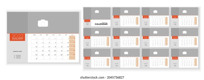 Desktop Monthly Photo Calendar 2022. Simple monthly horizontal photo calendar Layout for 2022 year in English. Cover Calendar 12 monthes templates. Week starts from Monday. Vector illustration