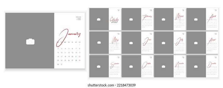 Calendario mensual de fotos de escritorio 2023. Diseño del calendario fotográfico horizontal mensual simple para 2023 año en inglés. Calendario de cobertura, plantillas de 12 meses. La semana comienza el lunes. Ilustración del vector