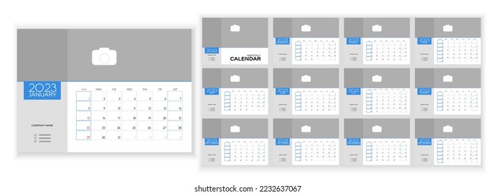 Desktop Monthly Photo Calendar 2023. Simple monthly vertical photo calendar Layout for 2023 year in English. Cover Calendar, 12 monthes templates. Week starts from Sunday. Vector illustration
