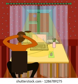 desktop in the night room, computer, vector graphics
