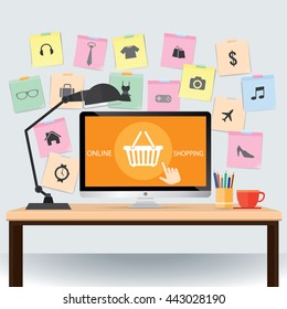 Desktop with Note paper and basket online shopping icons, ecommerce concept, vector illustration