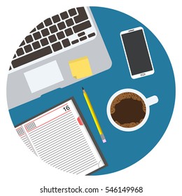 Desktop with notebook, mobile phone, laptop, cup of coffee - vector illustration