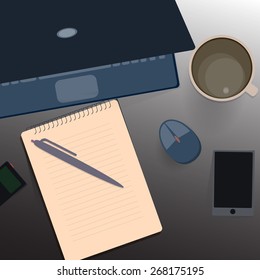 Desktop. Notebook paper, a mug of coffee. Stock vector.