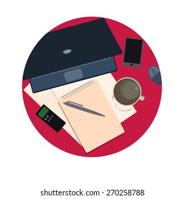 Desktop. Notebook paper, a mug of coffee. Stock vector.
