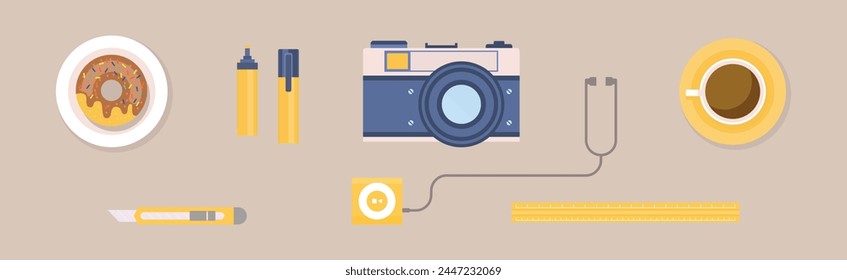 Desktop Object with Highlighter, Donut, Camera, Coffee, Knife and Ruler Vector Set