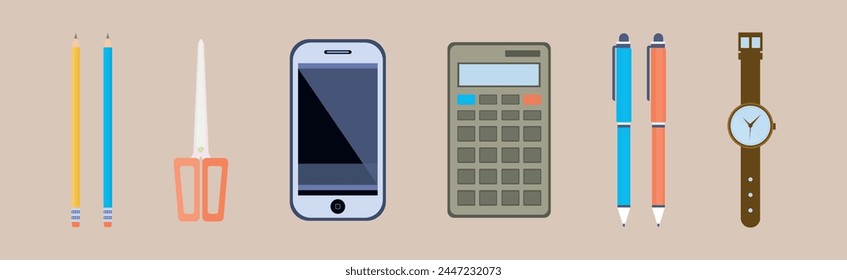 Desktop Object with Pencil, Scissors, Smartphone, Calculator, Pen and Watch Vector Set