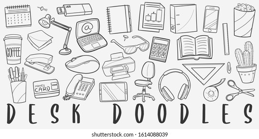 Desktop Objects Doodle Line Art Illustration. Hand Drawn Vector Clip Art. Banner Set Logos.