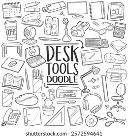 Desktop Objects Doodle Line Art Illustration. Hand Drawn Vector Clip Art.
