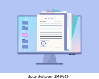 Desktop on a computer with contracts, documents online. 3d financial papers, agreements. Conclusion of a business transaction in electronic form. Agreement printed on the computer screen. Vector