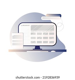 Escritorio. Aprendizaje en línea, trabajo a distancia. Monitor de programadores. Ilustración del vector	
