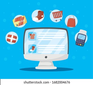 desktop with online shopping technology vector illustration design