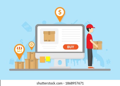 Desktop open shopping online website. Logistic icon in Pin floating on boxes. Cloud abstract city scape background with shop icon around. Logistic business. Transportation concept. 