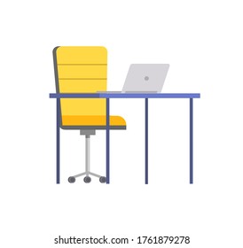 Escritorio con portátil de apertura, sillón de oficina, decoración del lugar de trabajo por ordenador y mesa con silla vacía aislada en el vector blanco de equipo moderno