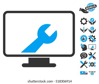 Desktop Options icon with bonus tools pictograms. Vector illustration style is flat iconic blue and gray symbols on white background.