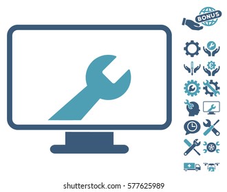 Desktop Options icon with bonus tools pictograph collection. Vector illustration style is flat iconic cyan and blue symbols on white background.