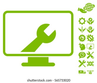 Desktop Options pictograph with bonus service pictograph collection. Vector illustration style is flat iconic eco green symbols on white background.
