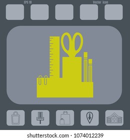 desktop organizer vector  icon for stationery tools on a gray cine-film background.Flat design style.