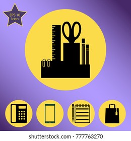 desktop organizer vector icon for stationery tools on a transparent background.Flat design style.