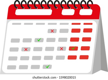 Desktop paper calendar in isometric style on white background. With a tick and a cross. Flat color image of stationery calendar. Vector illustration