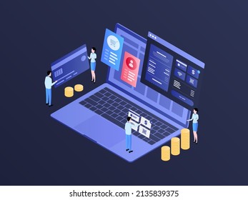 Desktop Payment Isometric Illustration Dark Gradient. Suitable for Mobile App, Website, Banner, Diagrams, Infographics, and Other Graphic Assets.