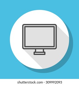Desktop PC icon with long shadow ,flat design , thin line style, vector 