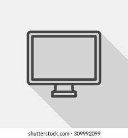 Desktop PC icon with long shadow ,flat design , thin line style, vector 