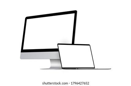 Desktop PC and laptop computer mockup with blank screens isolated on white background, perspective side view. Vector illustration