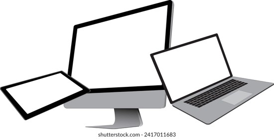 Modelación de PC de escritorio y ordenador portátil con pantallas en blanco aisladas en fondo blanco, vista lateral perspectiva. Ilustración del vector