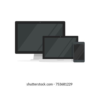 Desktop pc with laptop computer and smartphone displays vector illustration, flat cartoon design concept of blank screen devices for responsive mockup development isolated on white background
