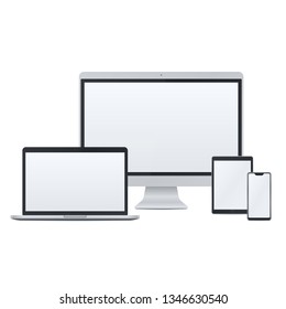Desktop pc, laptop, tablet pc and smart phone set on white background. Technological devices template with blank screen. Realistic mockup vector design.