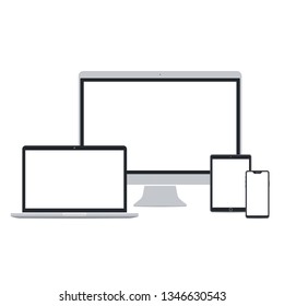 Desktop pc, laptop, tablet pc and smart phone set on white background. Technological devices template with blank screen. Flat mockup vector design.
