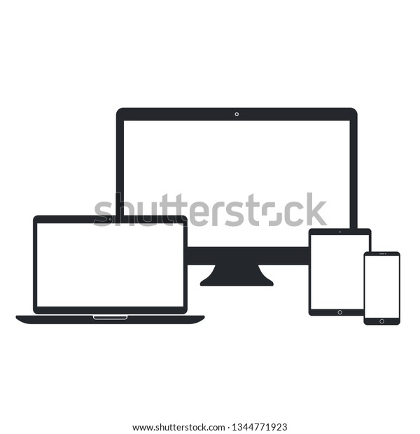Desktop pc, laptop, tablet pc and smart\
phone set on white background. Technological devices template with\
blank screen. Simple mockup vector\
design.