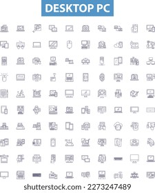 Desktop pc line icons, signs set. Computer, Desktop, PC, Desktop PC, Workstation, Tower, Monitor, Mouse, Keyboard outline vector illustrations.