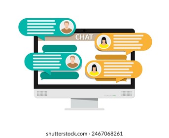 Desktop pc with messaging sms app. Chat bubbles on monitor. Chat between man and woman. Social netwroking. Discussion, talking, assistance. Vector illustration in flat style