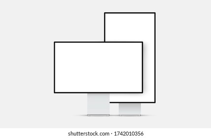 Desktop PC mockups with blank screens, front view. Vector illustration
