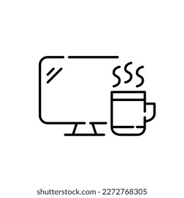 Desktop PC monitor and coffee mug with steam. Coffee break at workplace. Pixel perfect, editable stroke icon