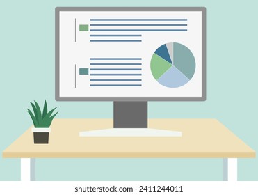 desktop pc on a desk simple flat color illustration, vector