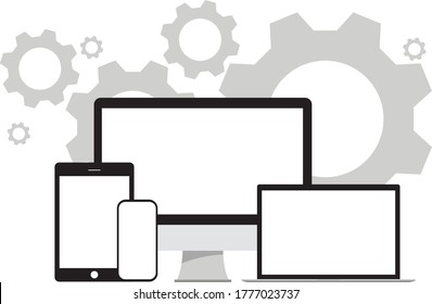 Escritorio pc, teléfono inteligente, fondo blanco de objeto aislado portátil, ilustración vectorial estilo plano.