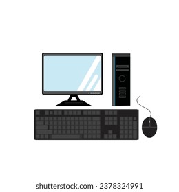 Desktop with pc, speaker, mouse and keyboard.