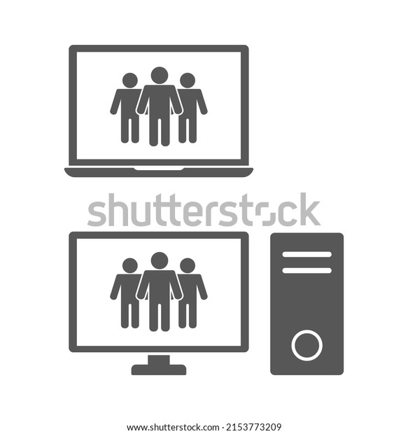 Desktop personal computer and laptop notebook\
with person theamwork leader icon\
set.