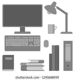 Desktop personal computer with monitor, keyboard and mouse isolated on white background. Top view. Flat style icon. Vector illustration.