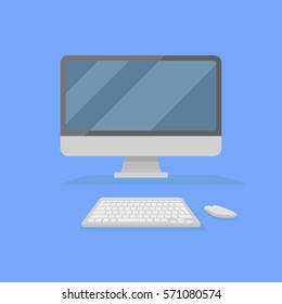 Desktop personal computer with monitor, keyboard and mouse isolated on blue background. Front view. Flat style icon. Vector illustration.