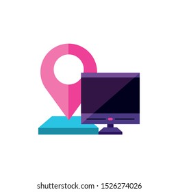 desktop with pin location gps app vector illustration design