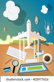 Desktop with , plane ticket and computer display travel and vacations concept