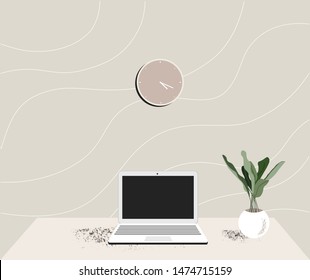 Desktop with plant, laptop, clock. Flat vector illustration