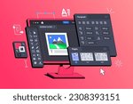 Desktop Publishing and Page Layout Design Software Application. The display shows Program for creating Printed products. 3D Isometric Vector illustration. Software for typography
